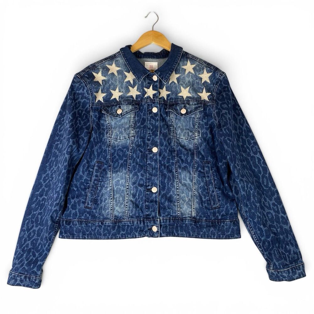 Lularoe Denim Jacket 2XL Star Embroider Blue Trucker Americana Patriotic Leopard